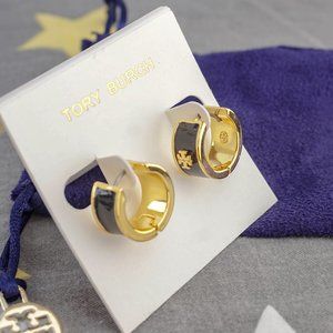Tory Burch Kira Enamel Huggie Hoop Earrings in Gold/Black (Brand New)